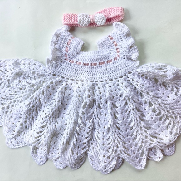 Baby Dress Hand Crafted White Pink Crochet Ribbon - Picture 1 of 16